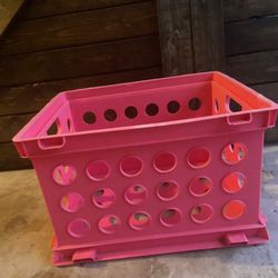 Pink Plastic Bin & Wooden Bar Stool