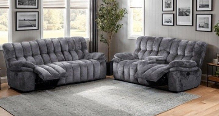 Brand New Grey Super Plush Reclining Sofa & Loveseat