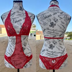Victoria’s Secret halter red lace bikini cut one piece teddy lingerie S small
