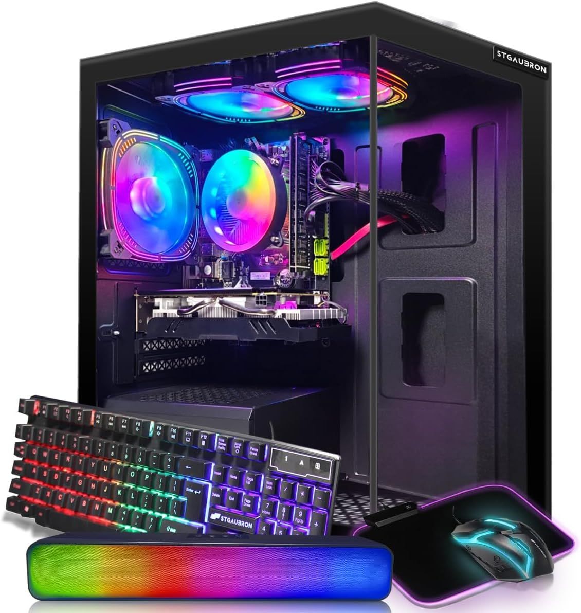 STGAubron Gaming PC Desktop, Radeon RX 580 16G GDDR5, Intel Core i7 up to 3.9G, 16G RAM, 512G SSD, 600M WiFi, BT 5.0, RGB Fan x3, RGB BT Sound Bar, Wi