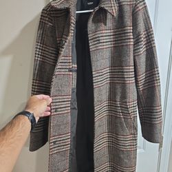 Plaid Wool Blend Long Sleeve Button Up Topcoat 