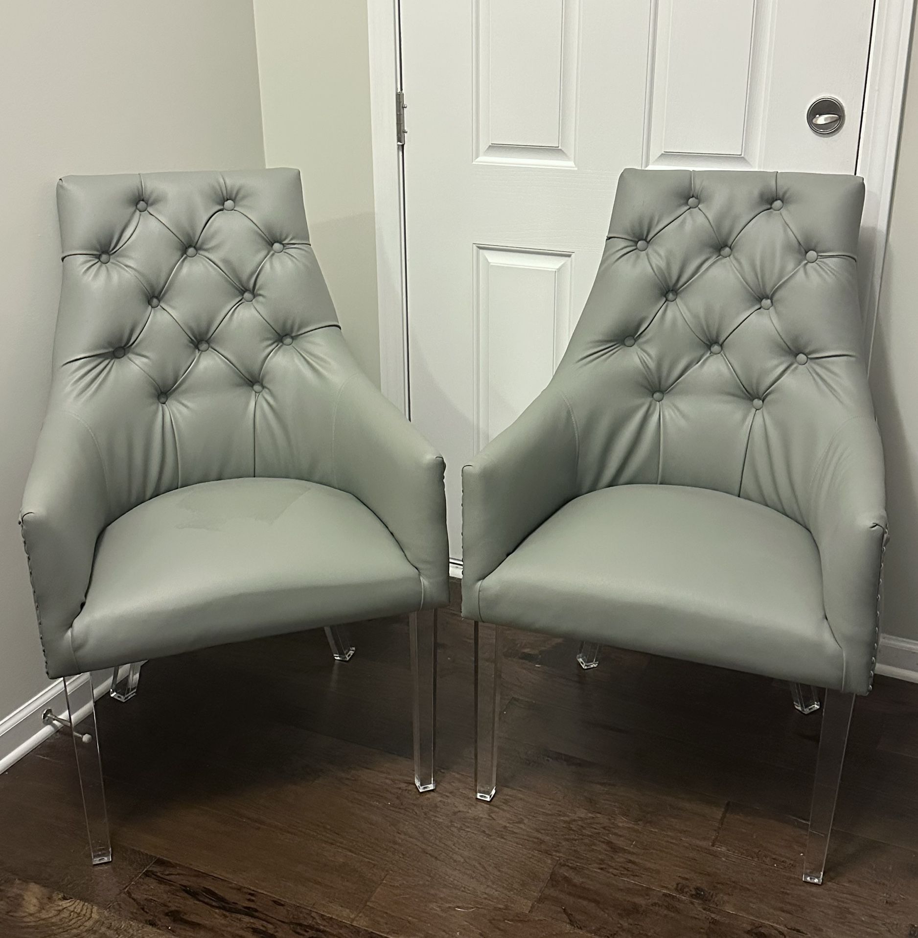 Set of 2 Inspired Home Gray Faux Leather Tufted Arm Chairs with Clear Acrylic Legs