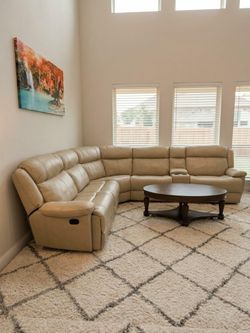 Beige Leather Reclining Sectional Sofa