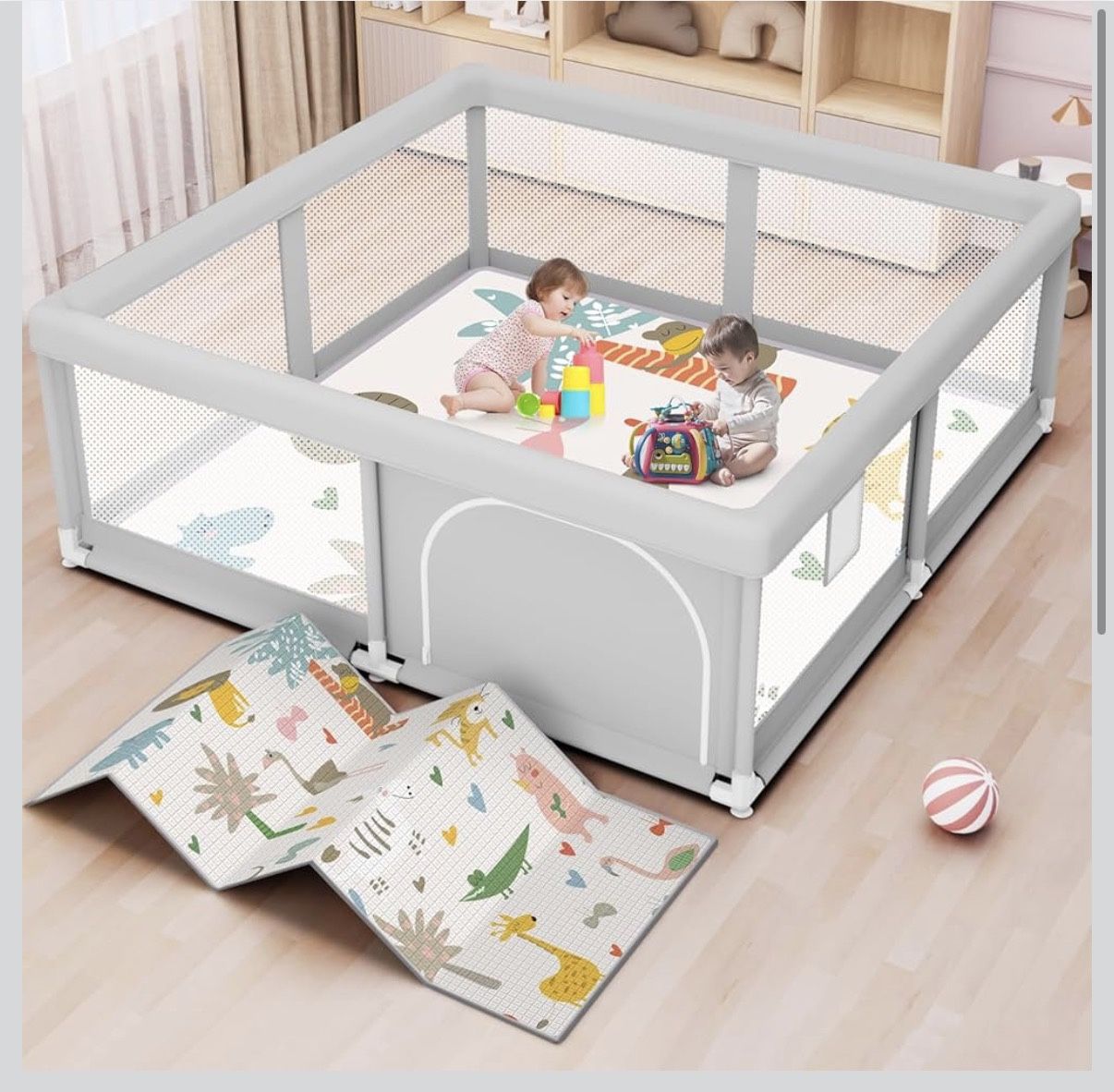 Baby Playpen with Mat 50x50 Inch, Play Pen for Babies and Toddlers with Gate, Baby Fence Sturdy Safety Playpen, Indoor & Outdoor Kids Activity Center
