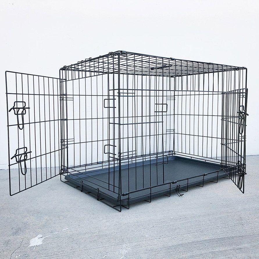(NEW) $50 Double Door 36” Dog Crate Kennel Metal Folding Pet Cage Plastic Tray, 36x23x25 Inches