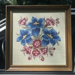 Vintage Floral Needlepoint Framed Art