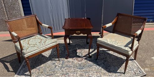 2 1960s Cane-Back Armchairs & Councill Craftsmen Side Table