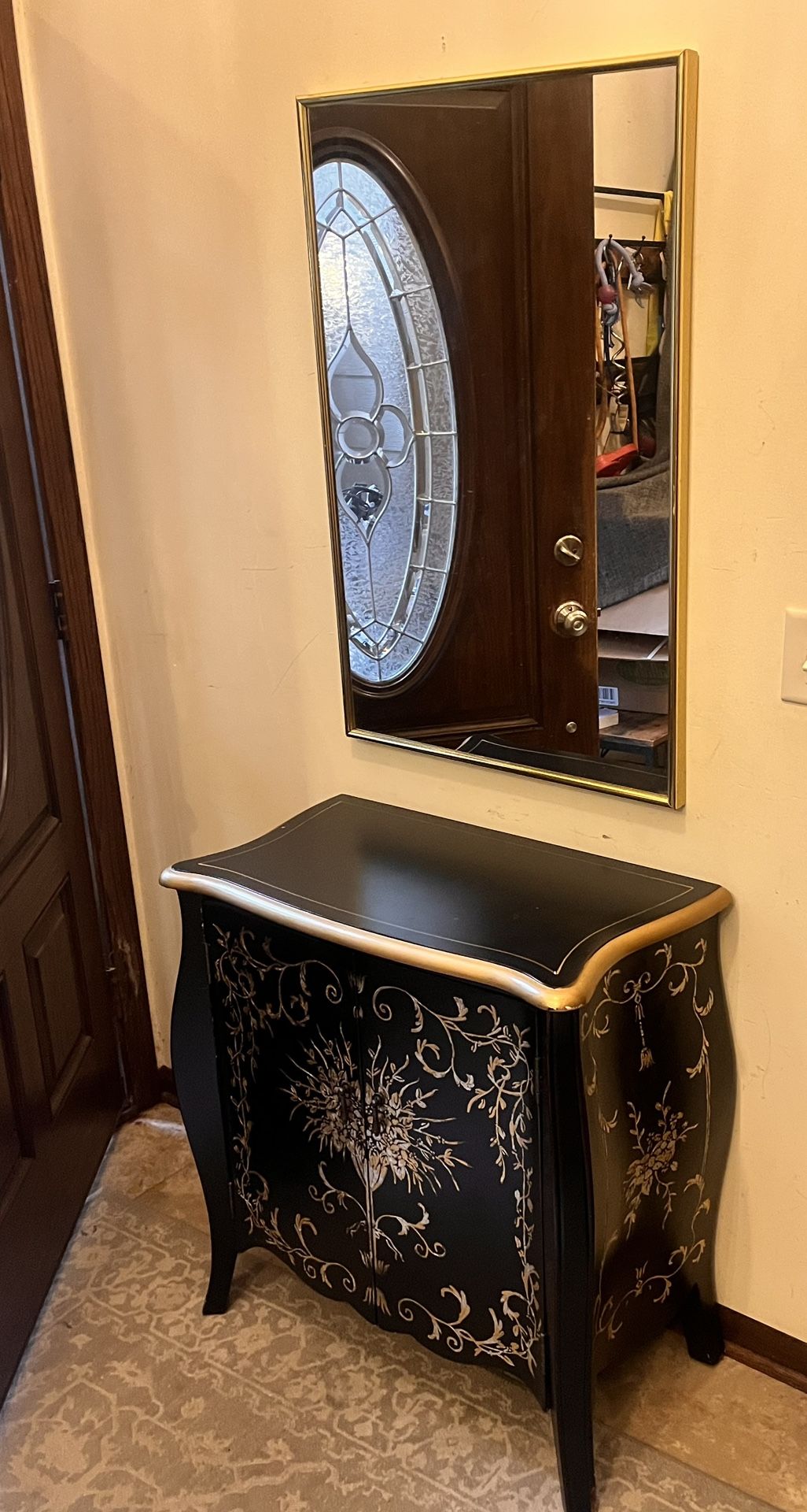 Unique Cabinet, Entryway Size, Asian Black & Gold Painted Bombay Styling w/Mirror
