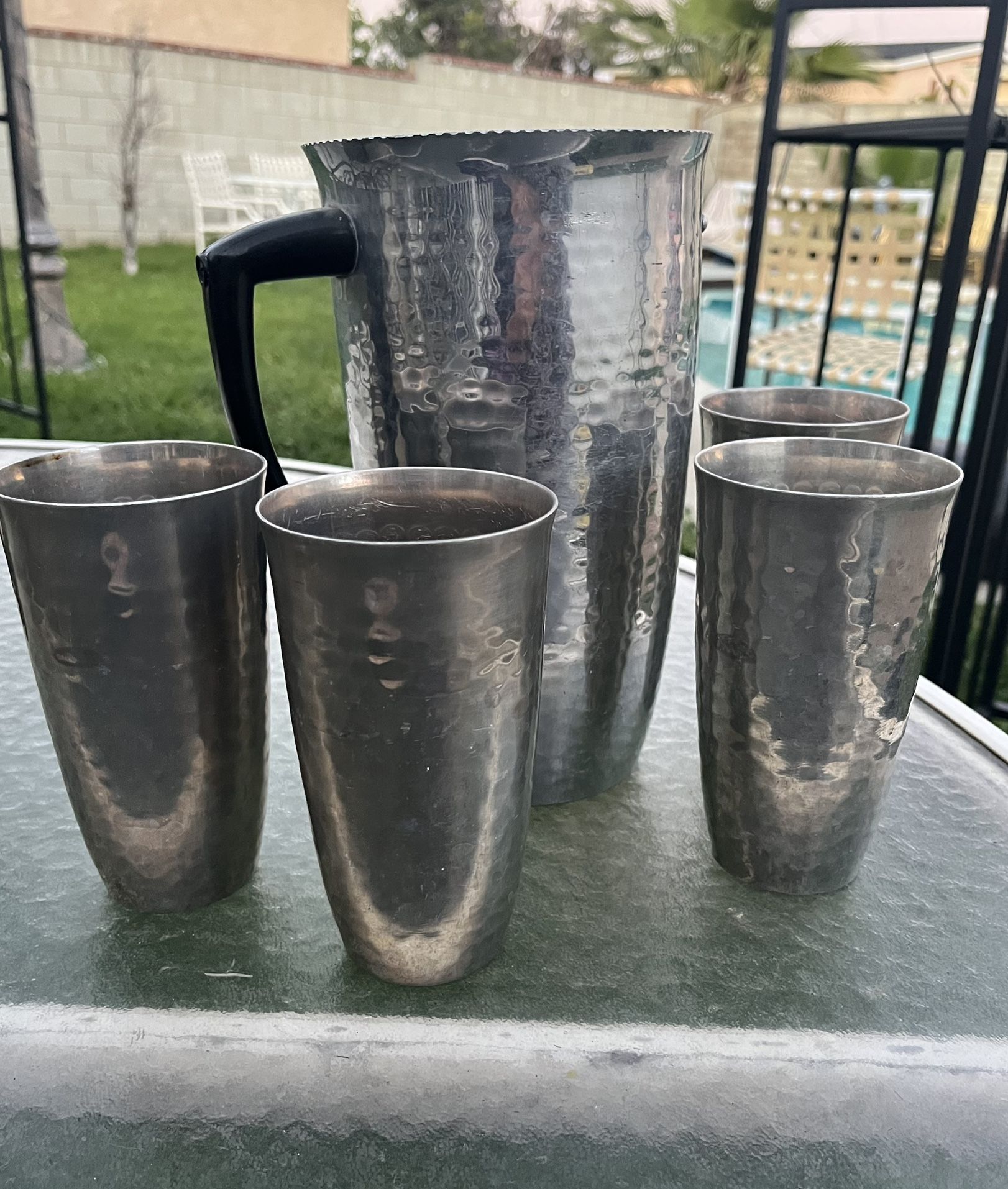 Mid Century Hammered Aluminum Metal Pitcher & Cups, Set of 5