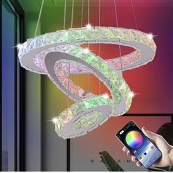 NEW! 3 Ring RGB MULTICOLOR Chandelier Crystal Smart Modern Adjustable Ceiling Light w/REMOTE, Chrome