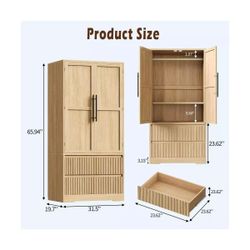Wooden Armoire Wardrobe Closet, Freestanding Wardrobe Armoire Cabinet with Glass/Wood Doors and 2 Drawers, Shelves & Hanging Rod $
