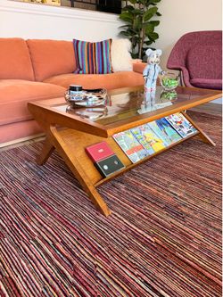 MCM Pecan Wood & Glass Coffee Table w/Magazine Display