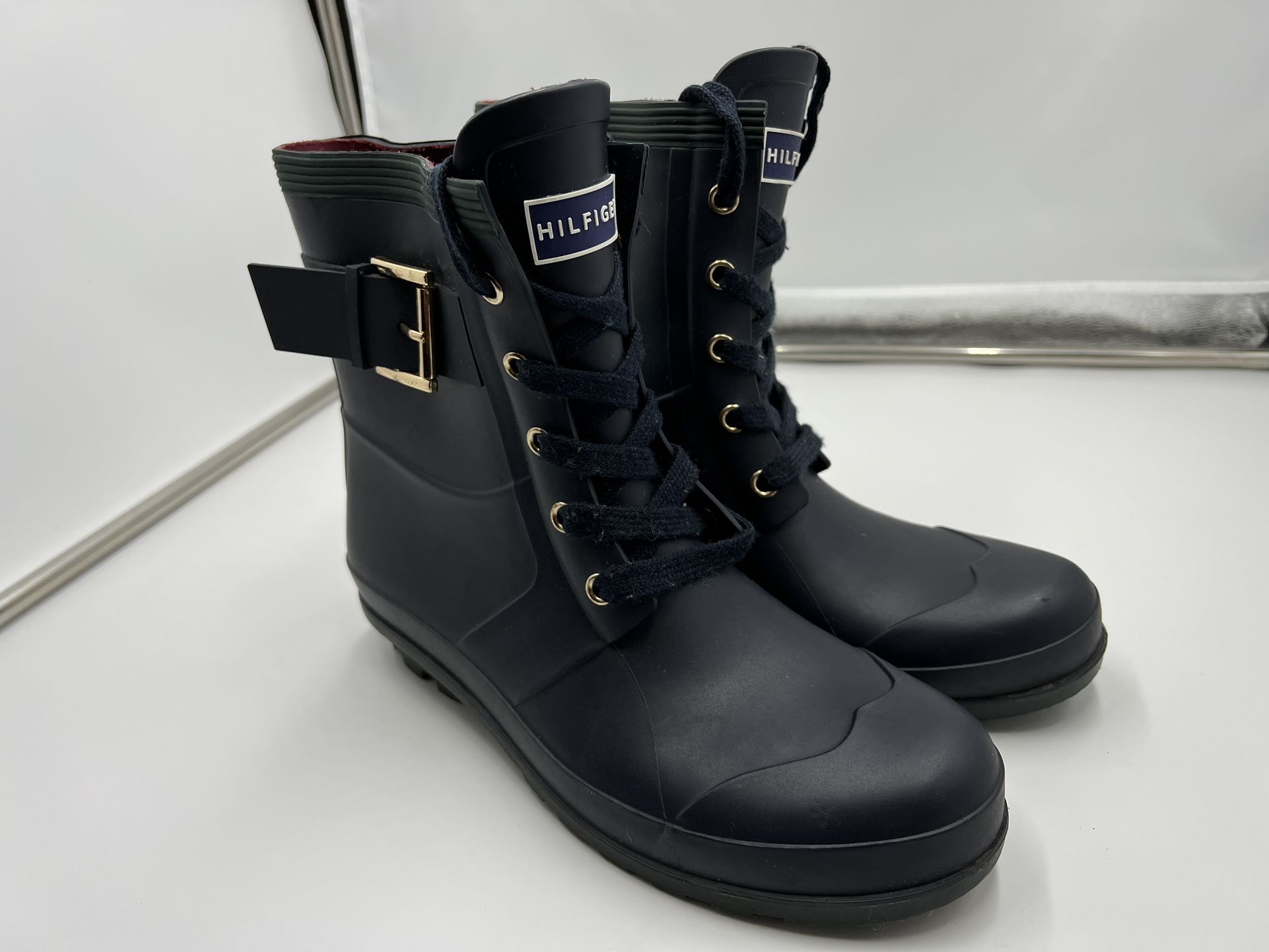 Tommy Hilfiger Rain Boots Womens Timone Lace Up Waterproof Rubber Black Size 8