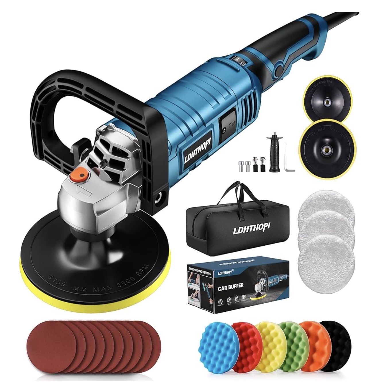 LDHTHOPI Buffer Polisher, 1600W 7 Inch/6 Inch Rotary Buffer Polisher Waxer, 7 Variable Speed 1000-3500 RPM, Detachable Handle for Car, Boat Sanding, P