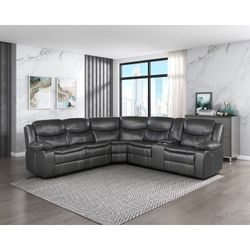 Brand New Gray Breathable Leather Dual Power Reclining Sectional With USB, Power Outlets And Cup Holders