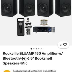 Rockville BLUAMP 150 Amplifier w/ Bluetooth+(4) 6.5" Bookshelf Speakers+Mic