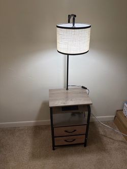 Nightstand with Floor Lamp, Charging Station, and 2 fabric drawers
