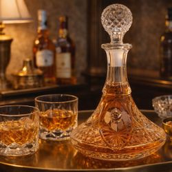 Vintage 1980s Lead Cut Ship Crystal Decanter Rose Panels Starburst Base, 7x2x11”