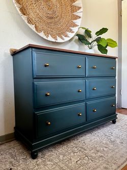 🪴 Beautiful Solid Pine Dark Blue-Green & Walnut Dresser! Delivery Available! 👀