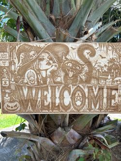 Halloween Witch Welcome Wood Engraved Sign we do any themed welcome sign.