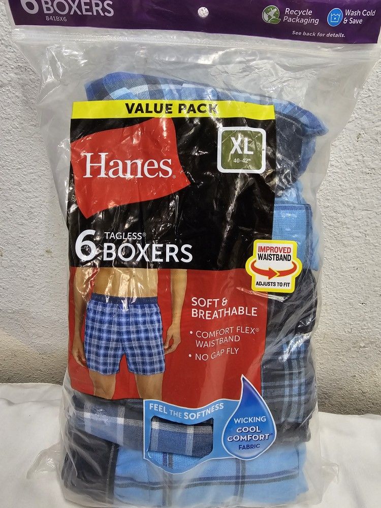 NEW HANES BOXER XL MEN COMFORTSOFT MOISTURE WICKING COTTON JERSEY 6 PACK
