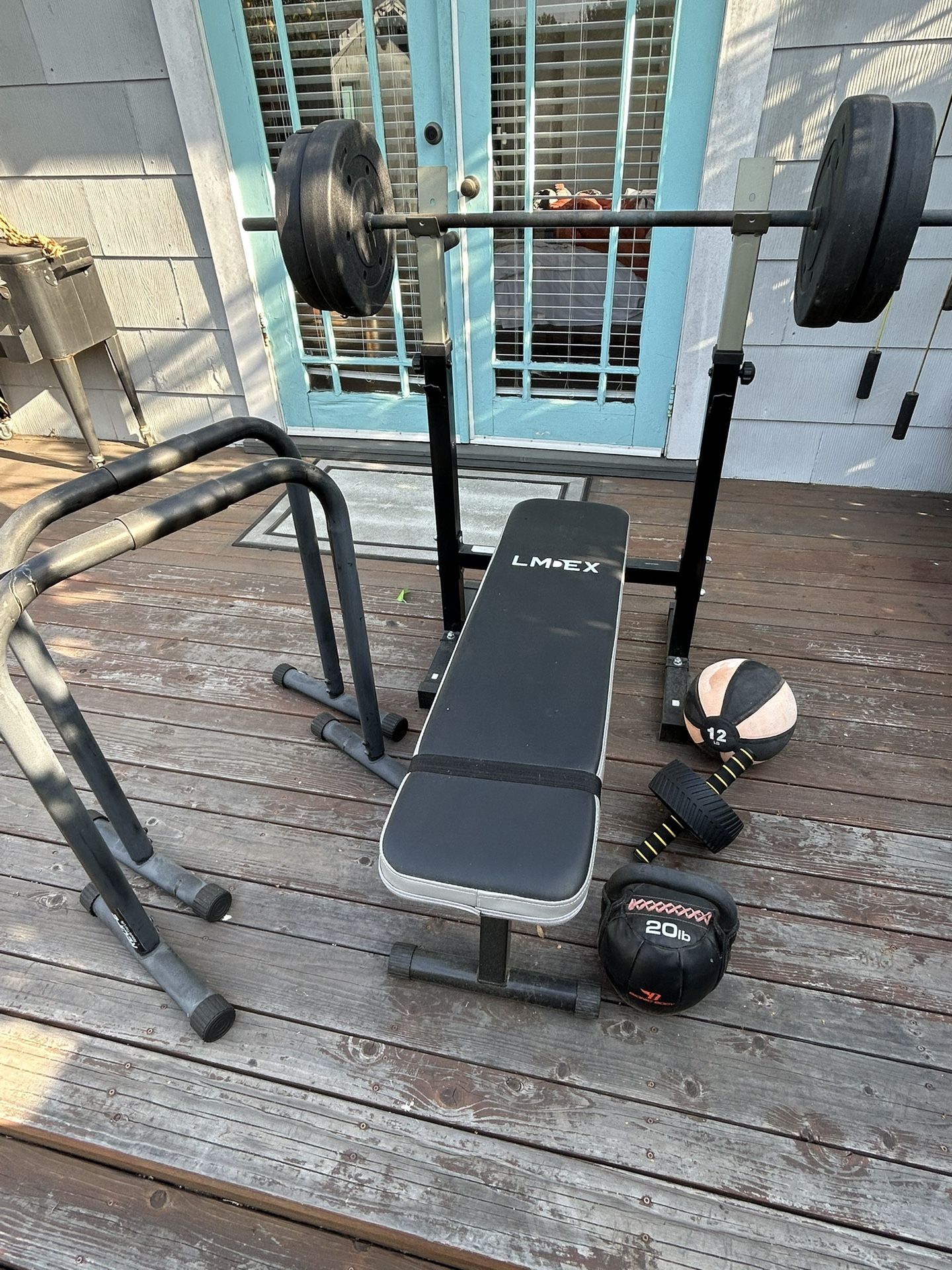 Outdoor Gym Exercise Equipment - Benchpress, Medicine Ball, Parallel Bars And Pull Up Door Bar- MOVING SALE