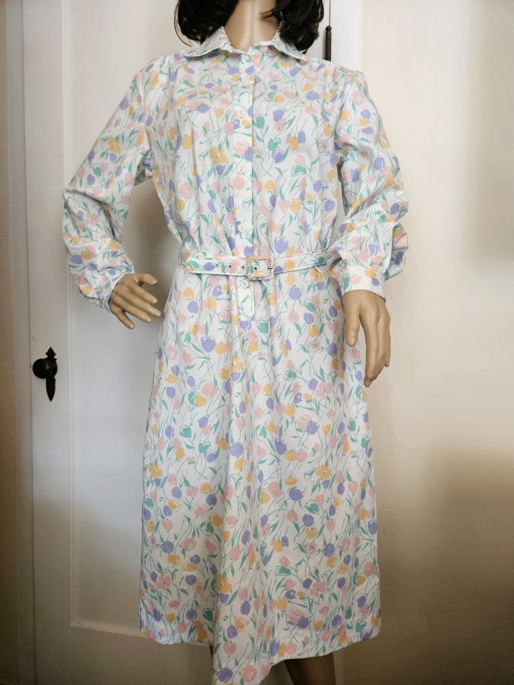 NWT 90s Vintage APPLESEED'S Spring Pastels Easter Floral Long Sleeve Belted Dress 8 Petite M