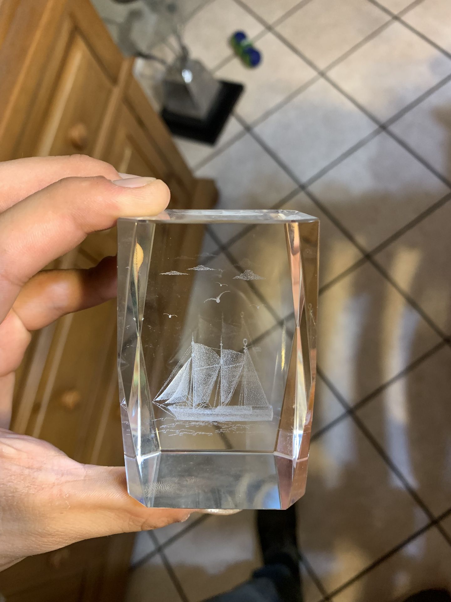 Vintage Crystal Glass 3D Laser Etched Hologram sailing Ship Paperweight With Box