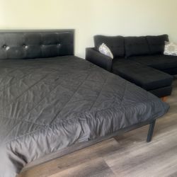 Queen Size Black Bed Frame With 12” Memory Foam Mattress + Couch