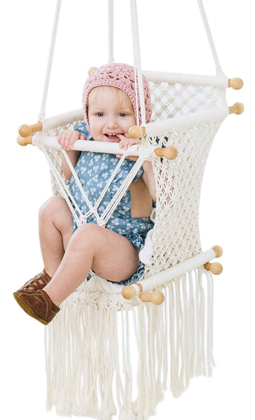 FUNNY SUPPLY Hanging Swing Seat Hammock for Infant to Toddler Beige Color Cotton Rope Weaved