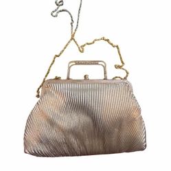 Vintage Gold Pleated Clutch w/ Chain Strap – Rhinestone Frame Evening Bag