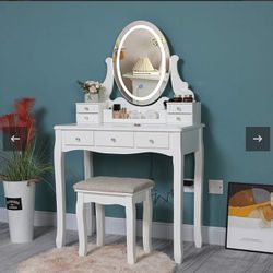 Iwell Vanity Table Set with 3 Color Lighted Mirror, Makeup Vanity Dressing Table with 7 Drawers, Makeup Table with Removable Organizer &amp; Padded Cu