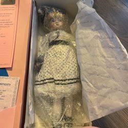 Marian Yu Designs Porcelain Doll White Dress Blue Eyes Blonde Curly Hair Girl