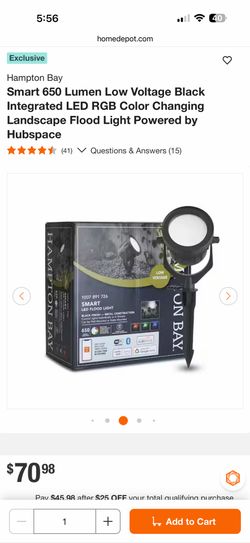 Hampton Bay Smart 650 Lumen Low Voltage Black Integrated LED RGB Color Changing Landscape Flood Light Powered by Hubspace