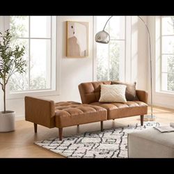 Aaron Futon Sofa Bed, Pecan Brown Faux Leather 
