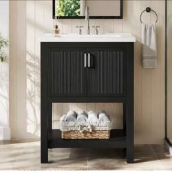 LD0082-YN 24" Bathroom Vanity with Sink, Solid Wooden Frame Freestanding Vanity with Ceramic Porcelain Basin, 2-Door Storage Cabinet & Open Shelf for 