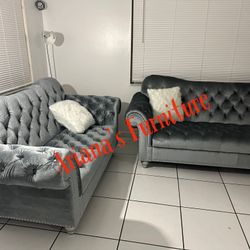 New 2pcs Sofa Loveseat Grey Velvet 