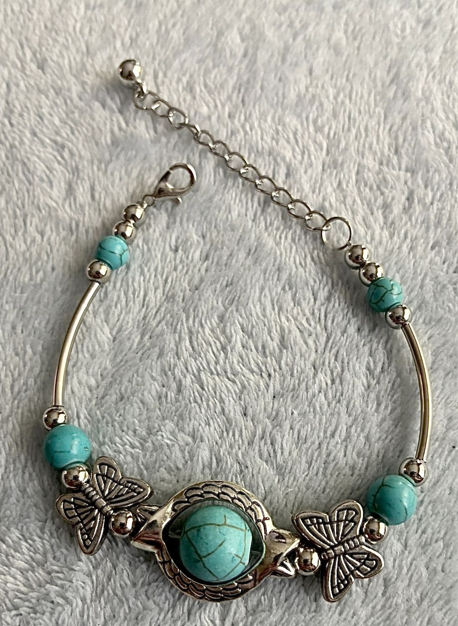 Silver Butterfly 🦋 And Turquoise Charm Bracelet