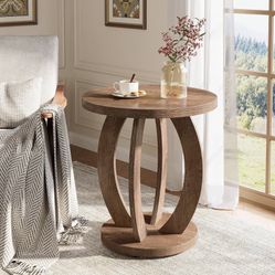 End Table, Round Side Table with Storage, Farmhouse Nightstand Bedside with Round Tabletop, Accent End Table for Living Room Bedroom Small 