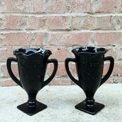 Vintage Smith Glass Snake Dance Black Crimped Vases 