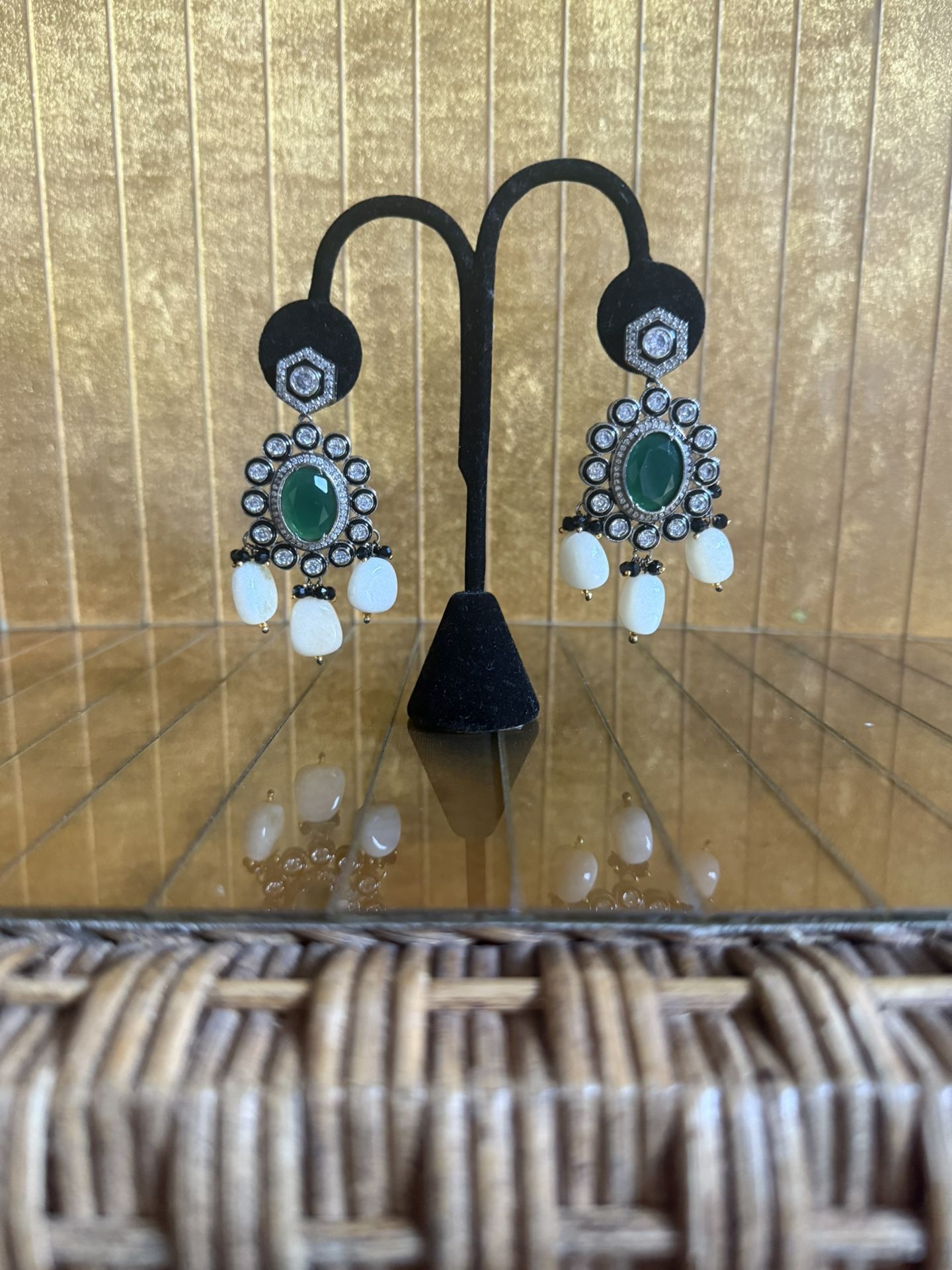 Stunning, Real Pearl Onyx, Austrian Crystal Chandelier Drop Earrings