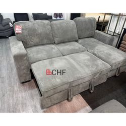Dark Gray Corduroy Sectional Sleeper Sofa With Storage Chaise And Pull Out Bed 