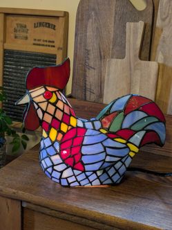 Vintage Stained Glass CottageCore Rooster Table Lamp Home Decor