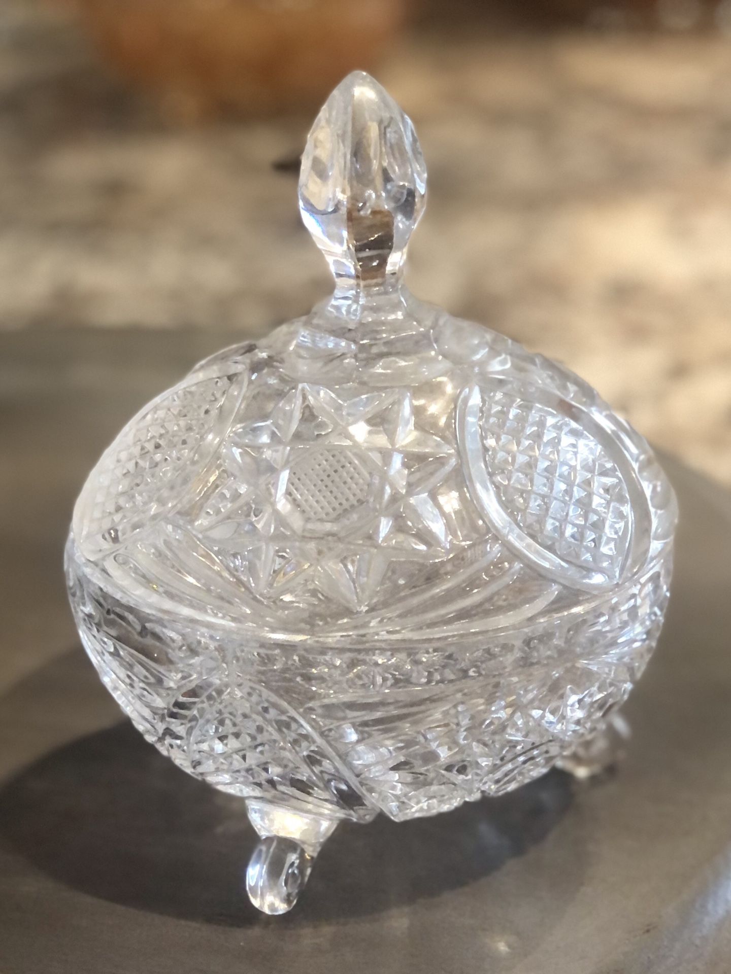 Crystal American Brilliant Cut Glass Candy Dish With Lid Star Design