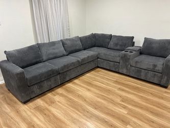 Gray Corduroy Sectional Sofa with Console