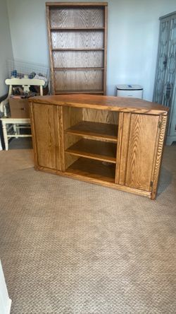 Oak Corner TV Stand with Cabinet Doors