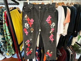 Chrome Hearts Multi Patch Fleur Knee Straight Leg Jeans Leather Cross Patch Denim Size 36x34
