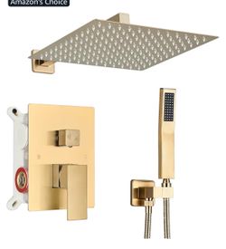 Shower Faucet Rain Shower System with 12 Inches Rainfall Shower Head and Handheld Spray Combo Bathroom Shower Faucet Set Complete Brushed Gold Shower 