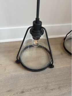 Three Bronze Pendent Lights with Seeded Glass