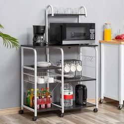 Kitchen Baker's Racks, Rolling Microwave Cart, 35.5" Utility Storage Shelf, Multi-Tier Kitchen Cart Organizer Workstation with 10 Hooks and Wire Baske